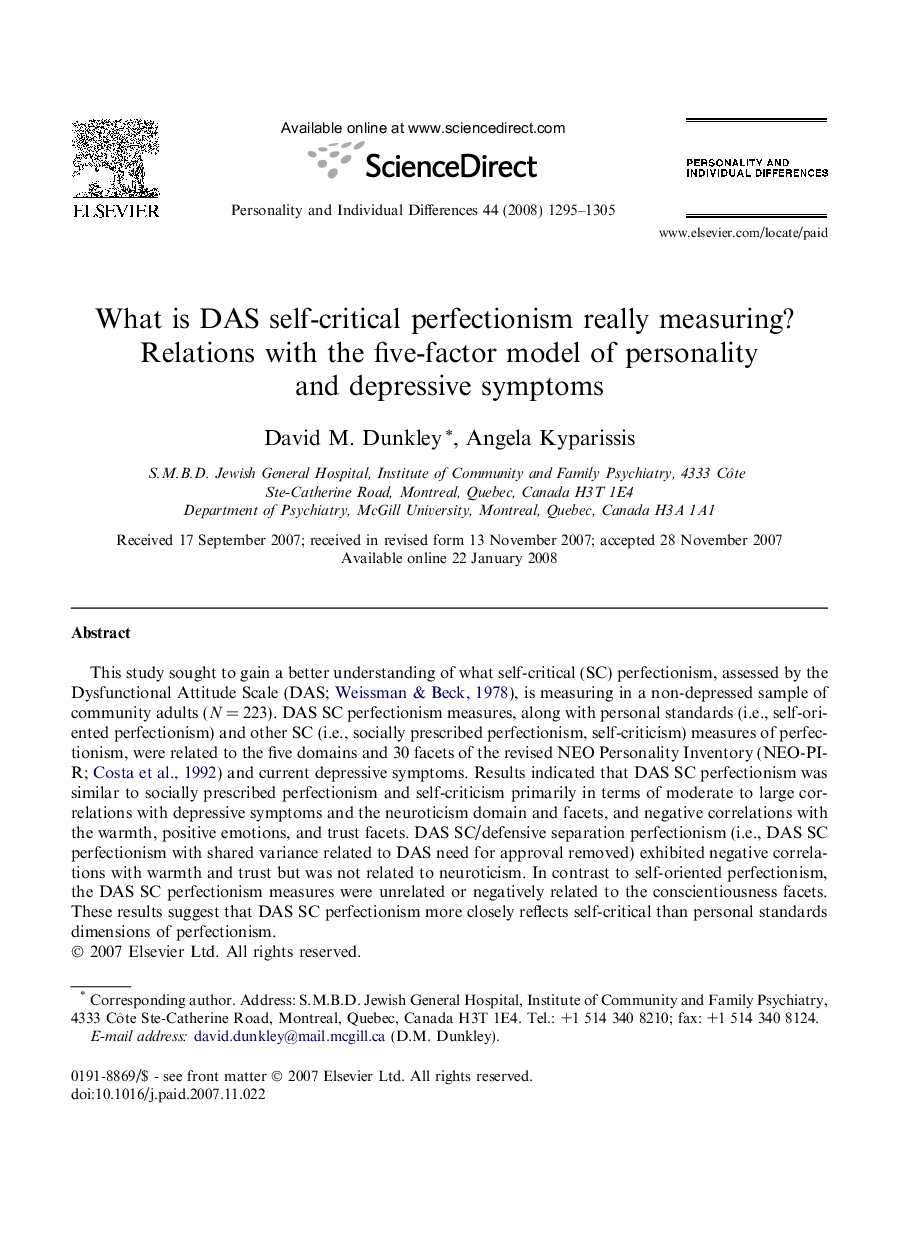 What is DAS self-critical perfectionism really measuring? Relations with the five-factor model of personality and depressive symptoms