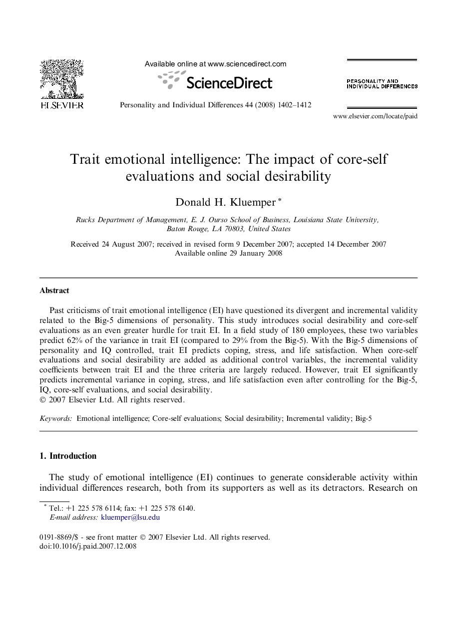 Trait emotional intelligence: The impact of core-self evaluations and social desirability