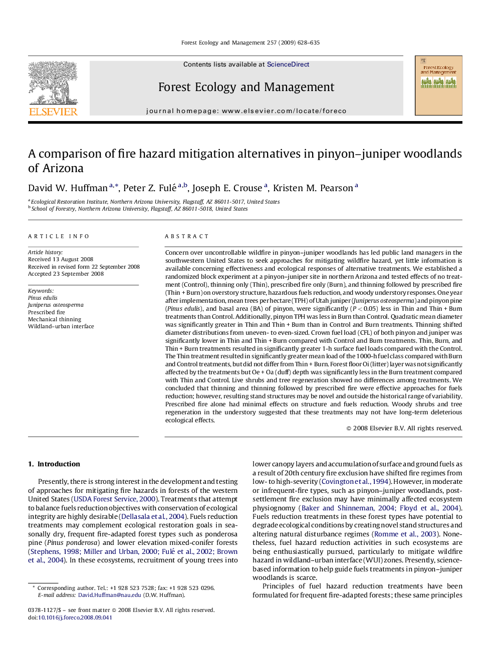 A comparison of fire hazard mitigation alternatives in pinyon–juniper woodlands of Arizona