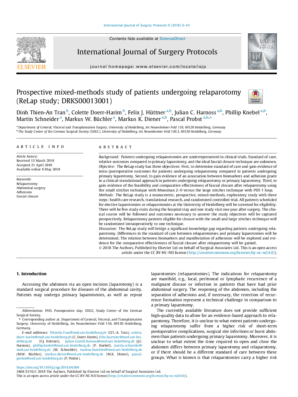 Prospective mixed-methods study of patients undergoing relaparotomy (ReLap study; DRKS00013001)