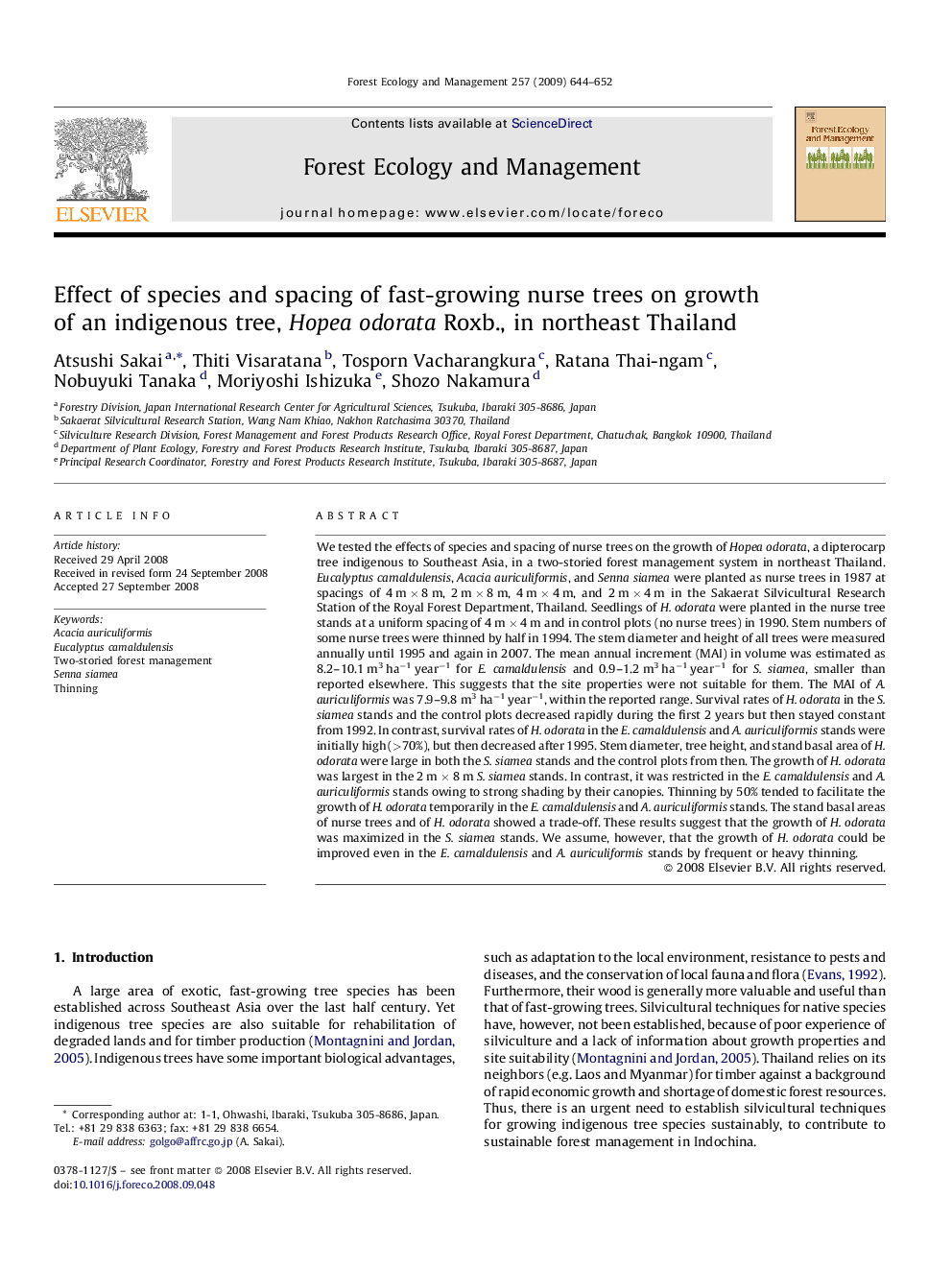 Effect of species and spacing of fast-growing nurse trees on growth of an indigenous tree, Hopea odorata Roxb., in northeast Thailand