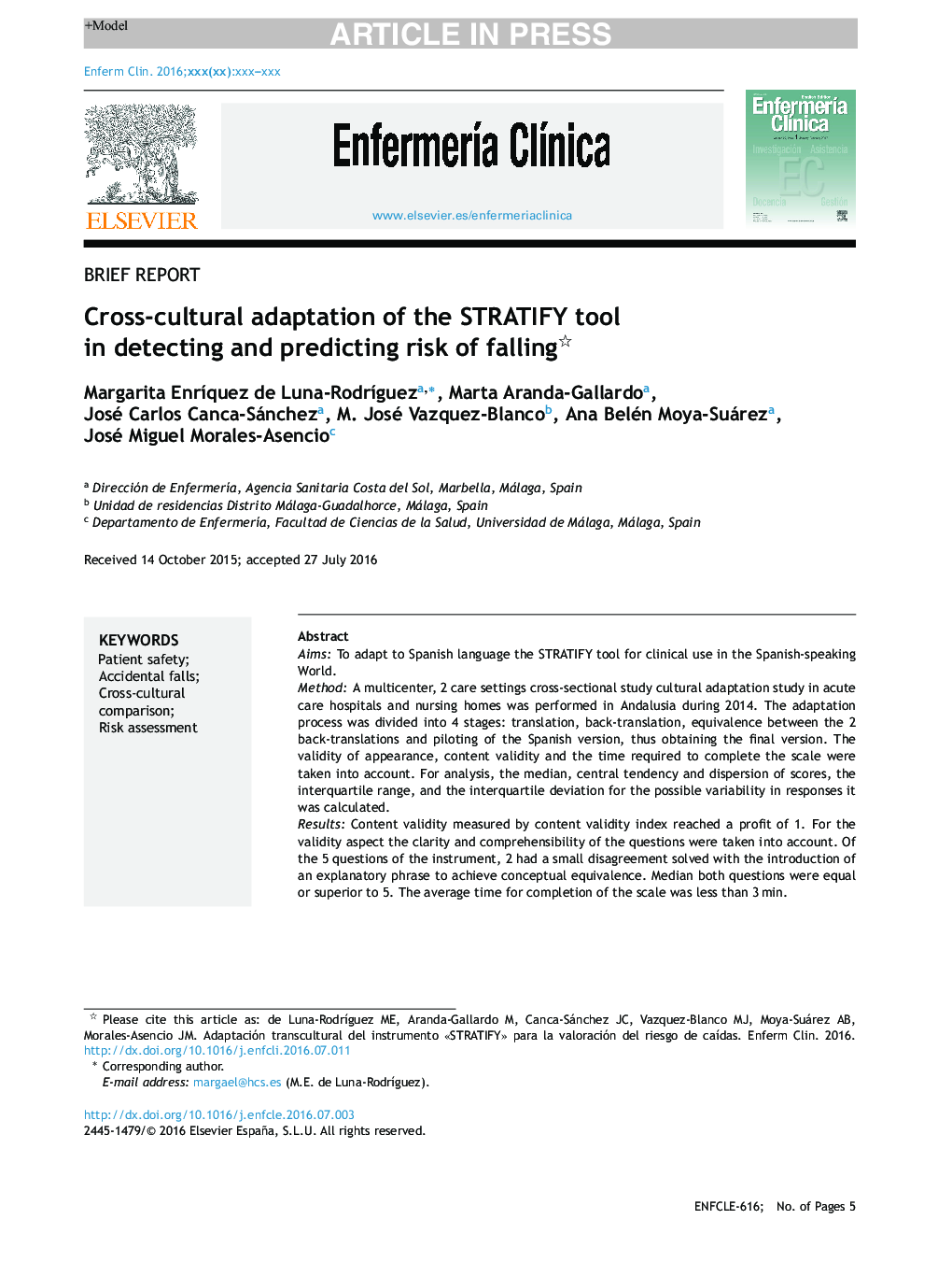 Cross-cultural adaptation of the STRATIFY tool in detecting and predicting risk of falling