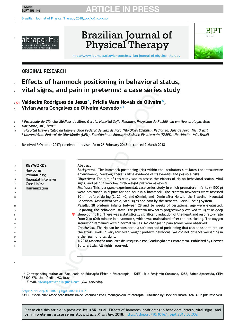 Effects of hammock positioning in behavioral status, vital signs, and pain in preterms: a case series study