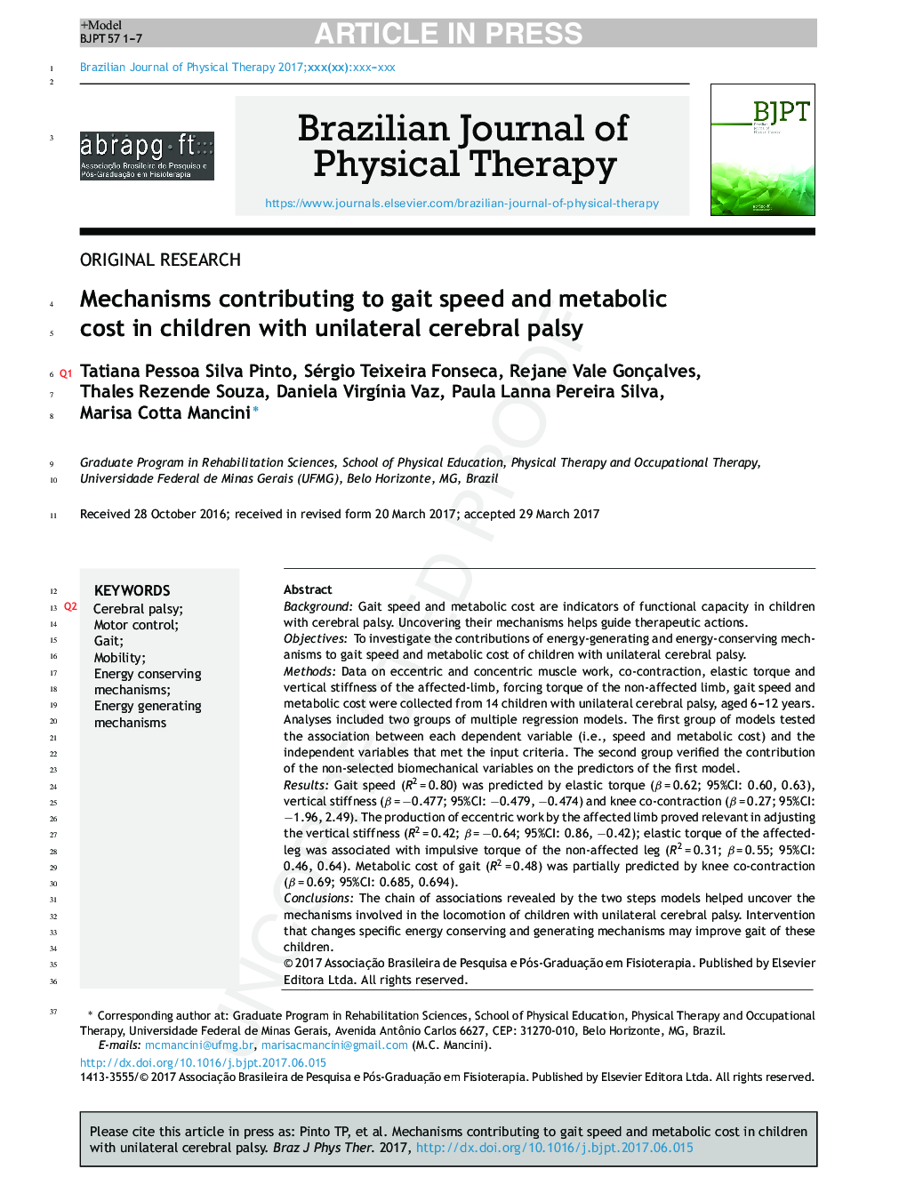 Mechanisms contributing to gait speed and metabolic cost in children with unilateral cerebral palsy
