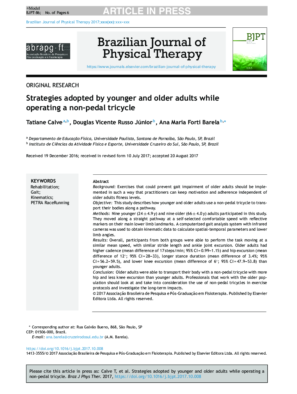 Strategies adopted by younger and older adults while operating a non-pedal tricycle