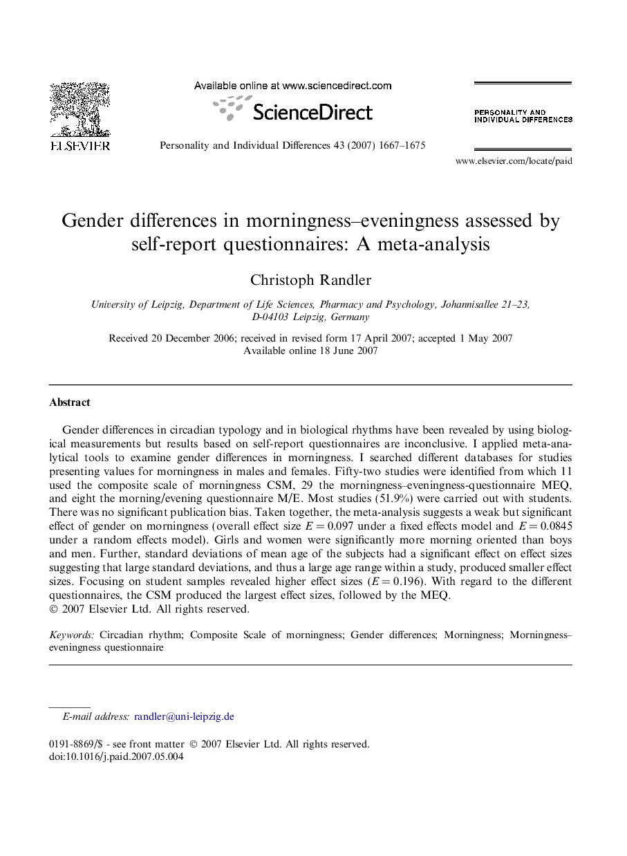 Gender differences in morningness–eveningness assessed by self-report questionnaires: A meta-analysis