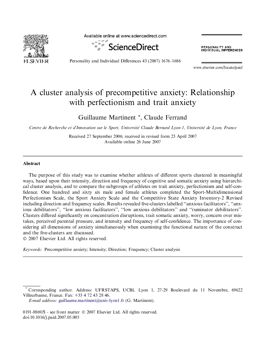 A cluster analysis of precompetitive anxiety: Relationship with perfectionism and trait anxiety