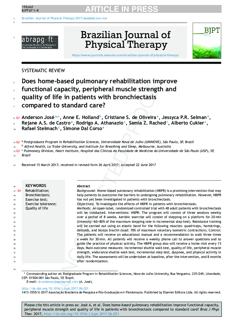 Does home-based pulmonary rehabilitation improve functional capacity, peripheral muscle strength and quality of life in patients with bronchiectasis compared to standard care?