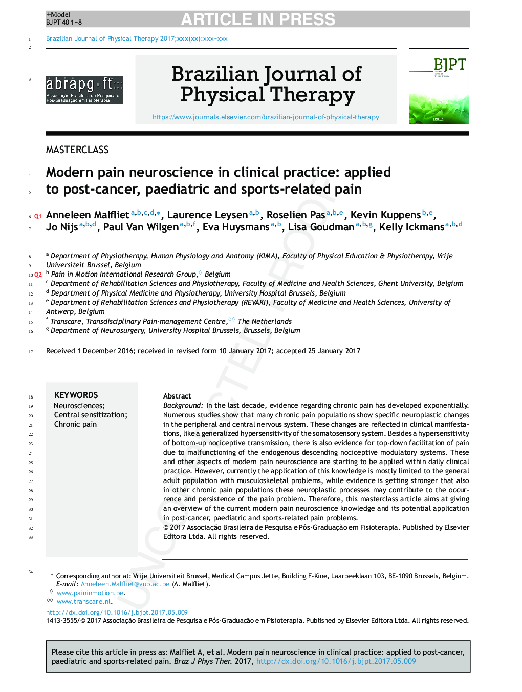 عصاره مدرن درد عصب شناسی در عمل بالینی: برای درد پس از سرطان، اطفال و ورزش استفاده می شود 