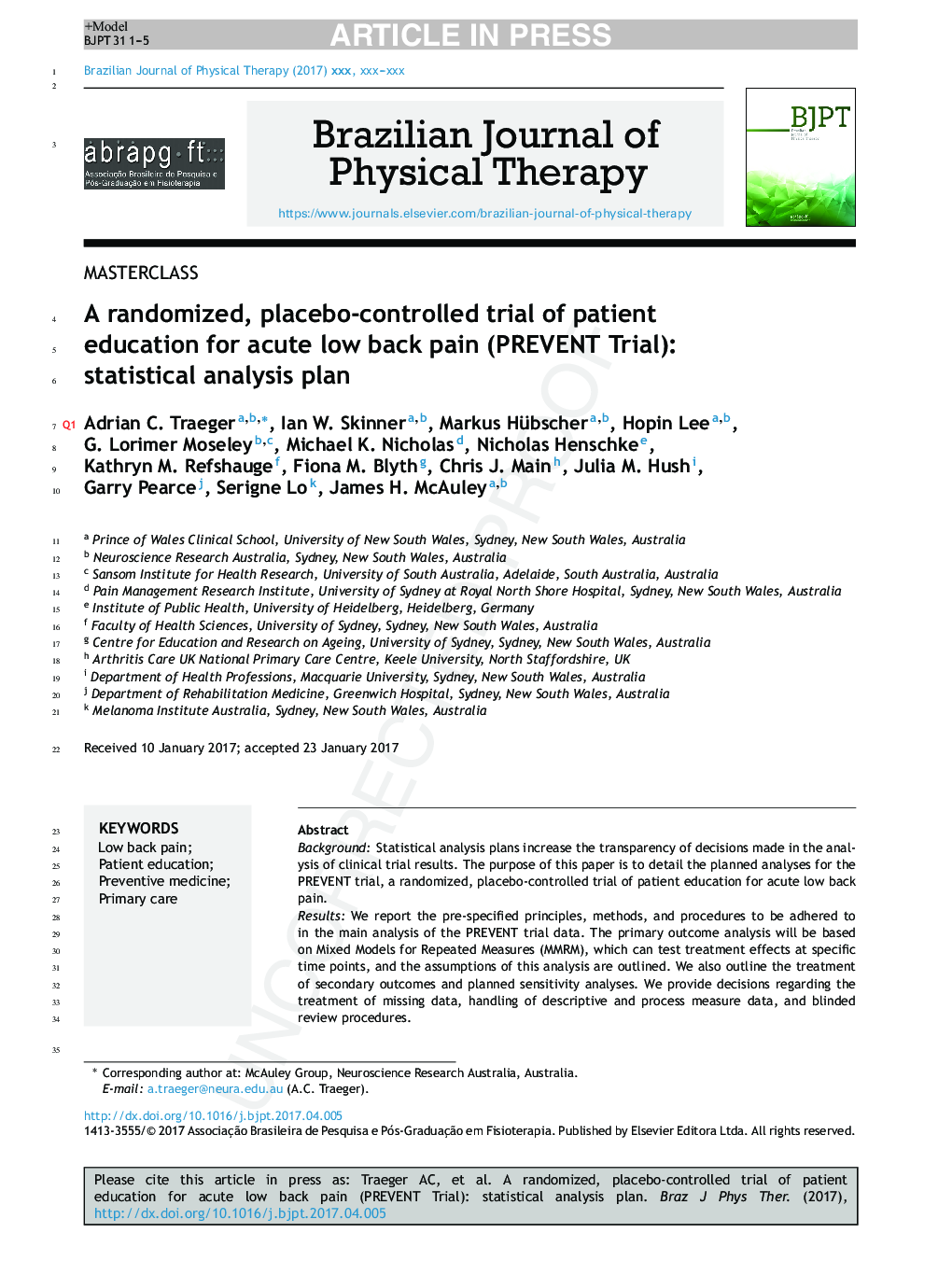 A randomized, placebo-controlled trial of patient education for acute low back pain (PREVENT Trial): statistical analysis plan