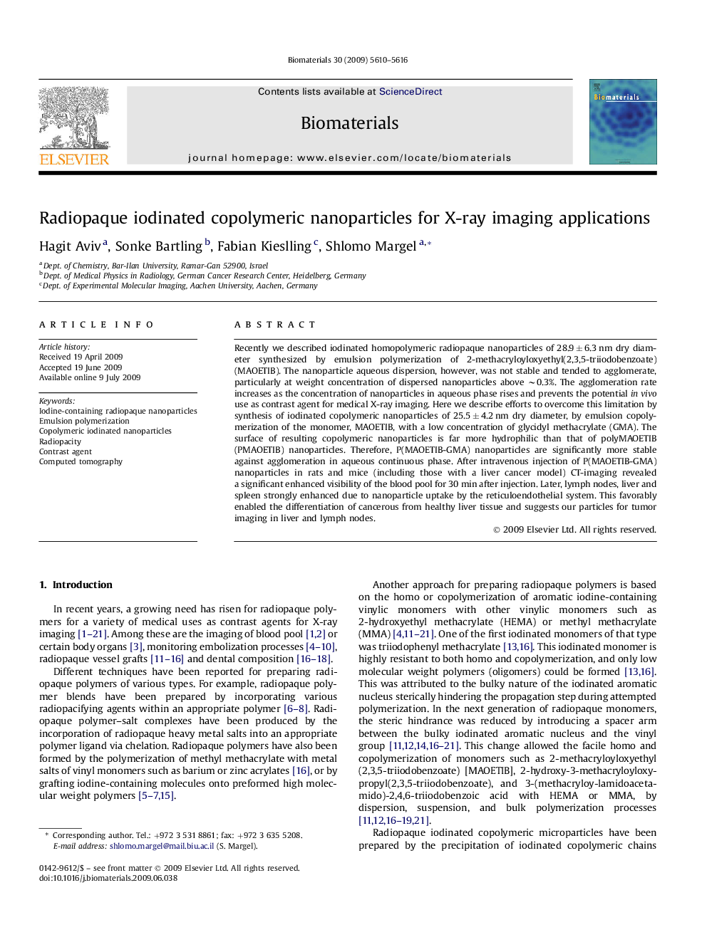 عکس صفحه اول مقاله: Radiopaque iodinated copolymeric nanoparticles for X-ray imaging applications Radiopaque iodinated copolymeric nanoparticles for X-ray imaging applications