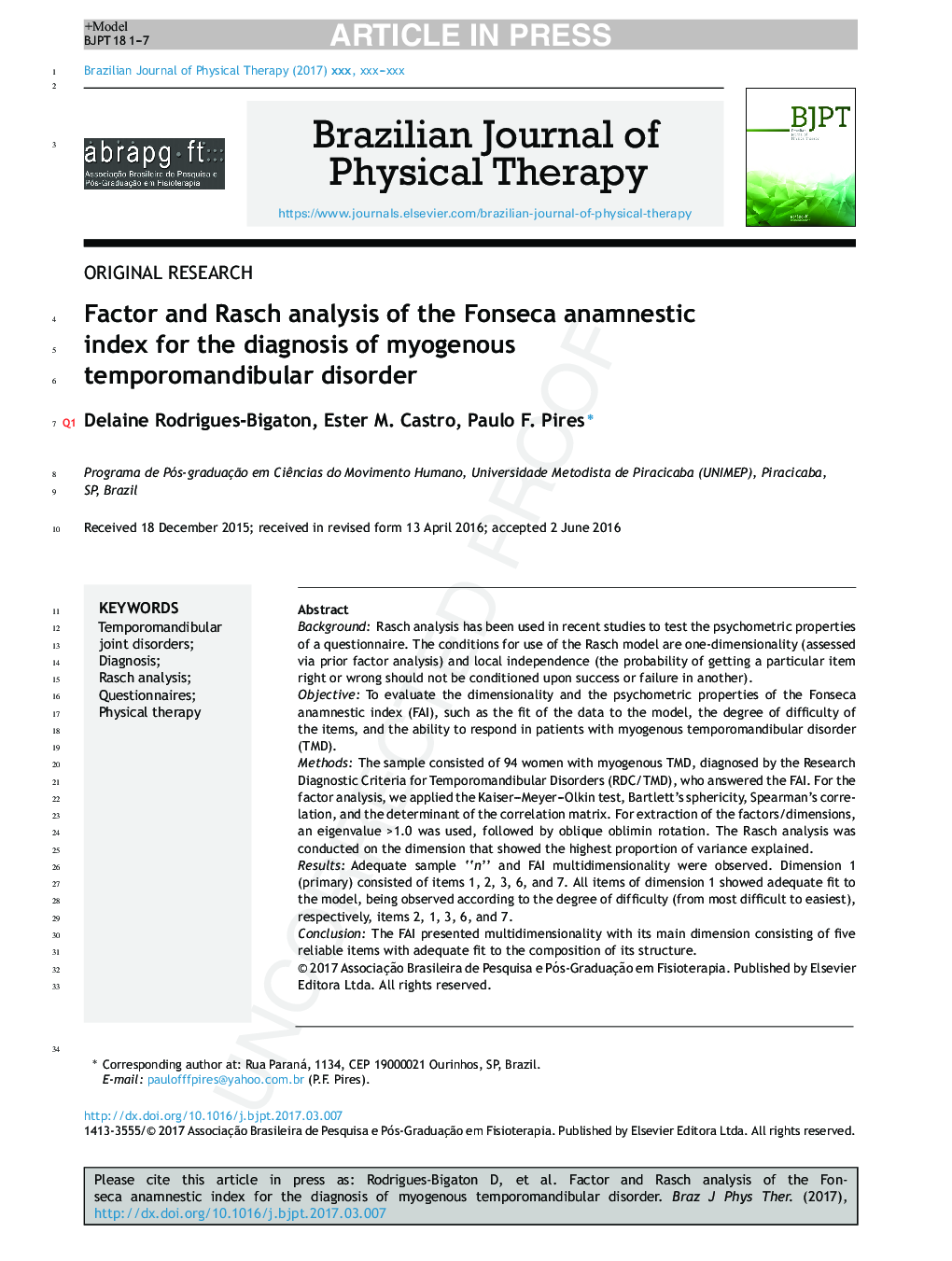 Factor and Rasch analysis of the Fonseca anamnestic index for the diagnosis of myogenous temporomandibular disorder