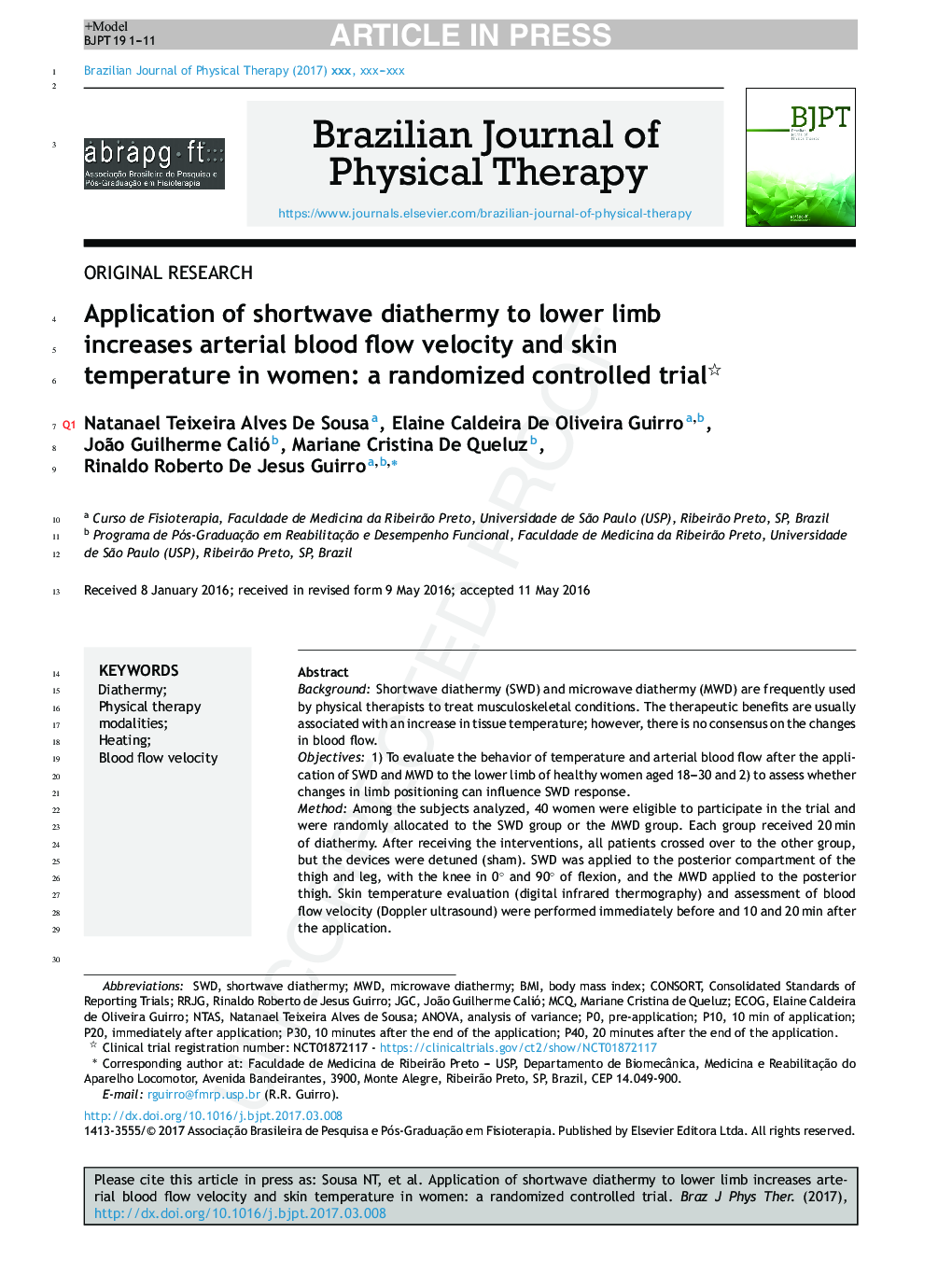 Application of shortwave diathermy to lower limb increases arterial blood flow velocity and skin temperature in women: a randomized controlled trial