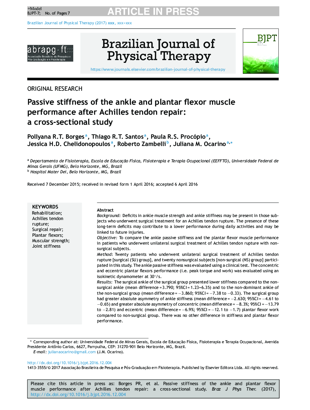 Passive stiffness of the ankle and plantar flexor muscle performance after Achilles tendon repair: a cross-sectional study