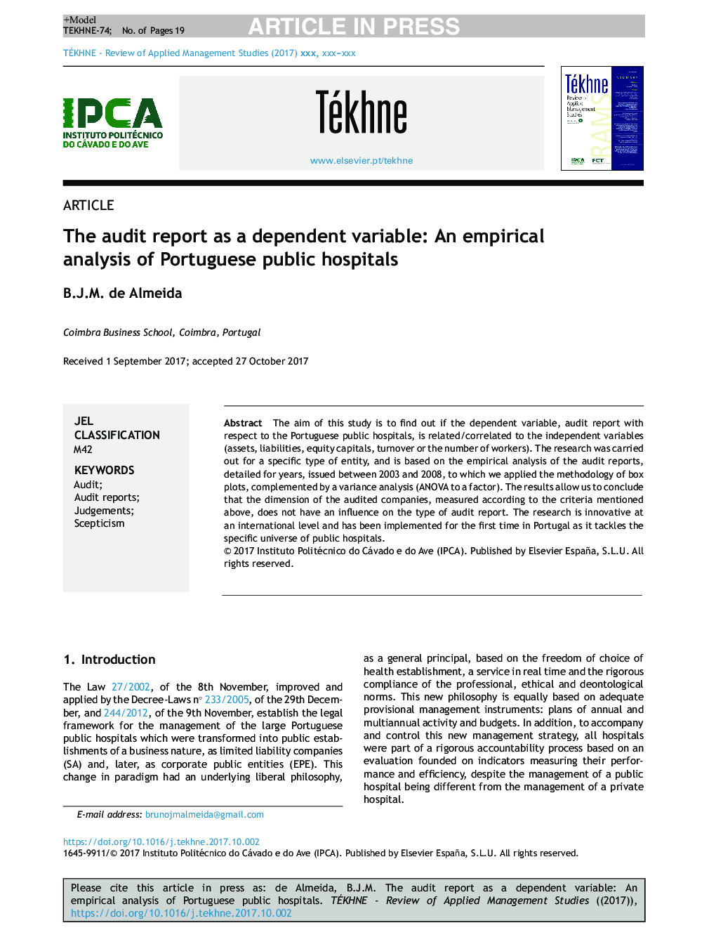 The audit report as a dependent variable: An empirical analysis of Portuguese public hospitals