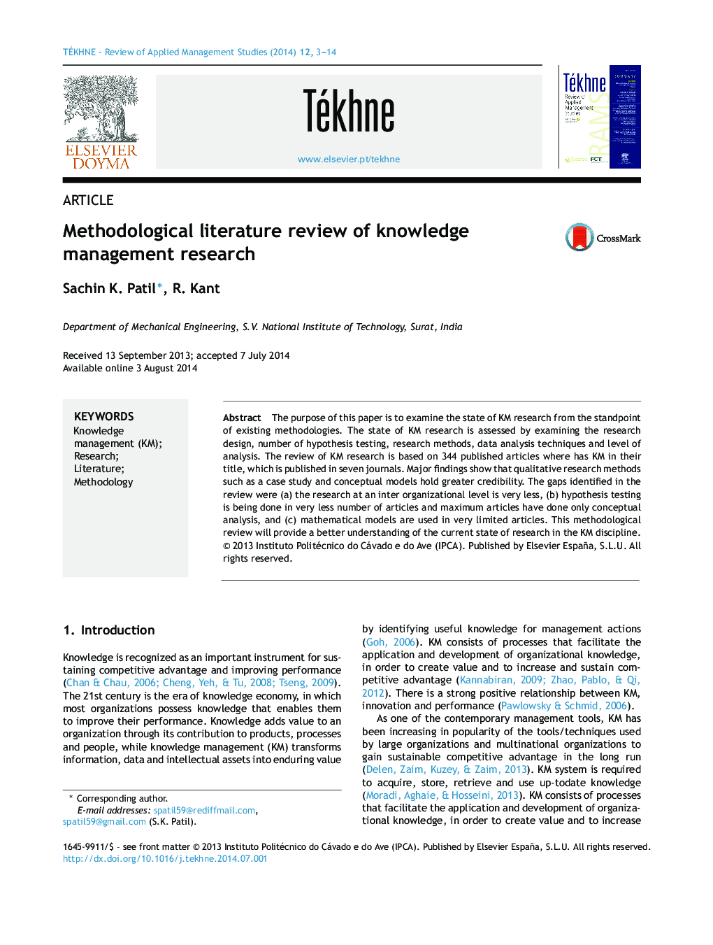 Methodological literature review of knowledge management research