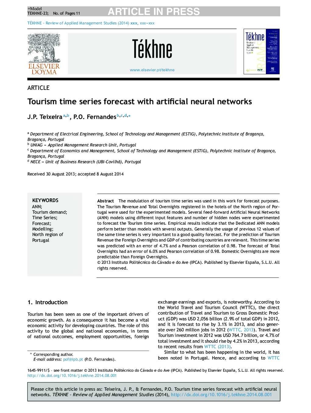 Tourism time series forecast with artificial neural networks