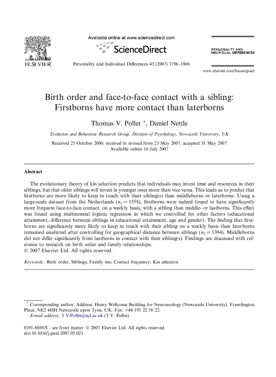 Birth order and face-to-face contact with a sibling: Firstborns have more contact than laterborns