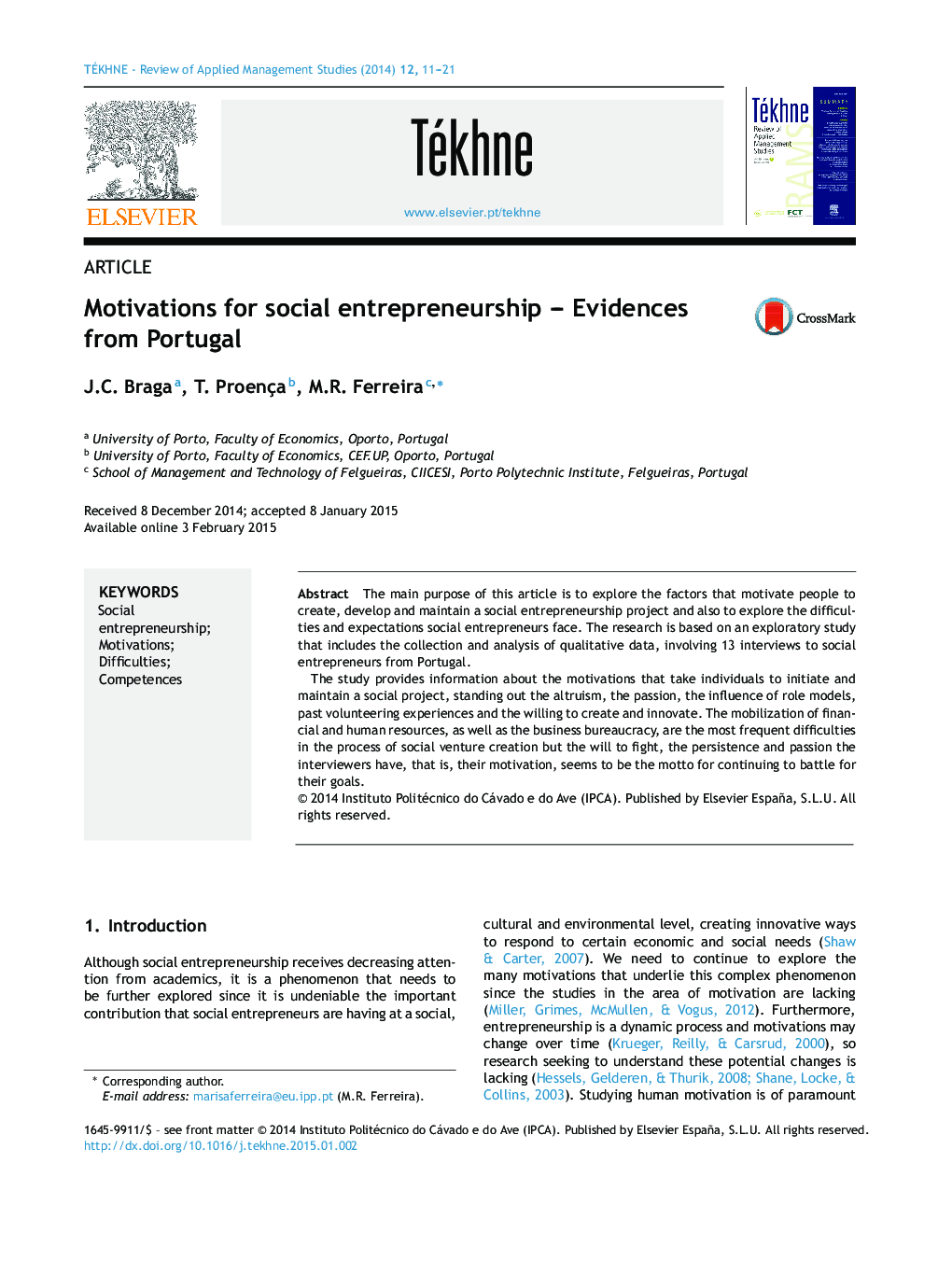 Motivations for social entrepreneurship - Evidences from Portugal