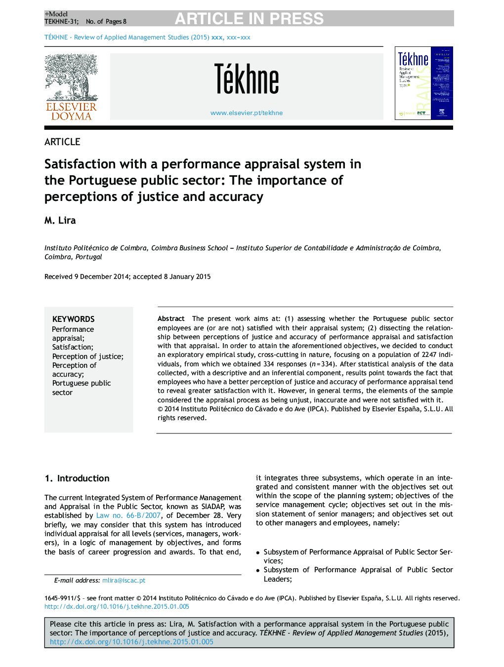 Satisfaction with a performance appraisal system in the Portuguese public sector: The importance of perceptions of justice and accuracy
