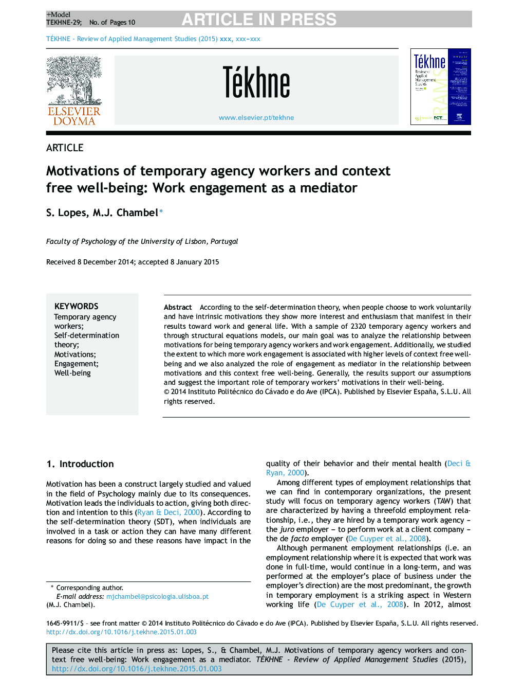 Motivations of temporary agency workers and context free well-being: Work engagement as a mediator