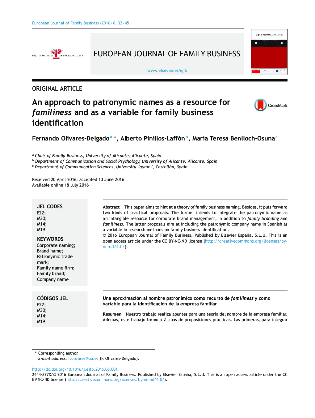 An approach to patronymic names as a resource for familiness and as a variable for family business identification