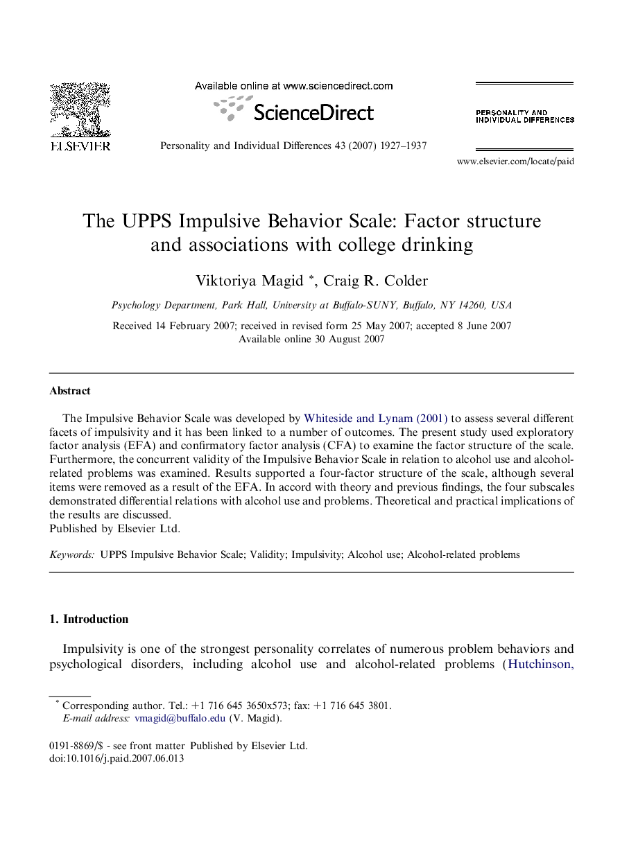 The UPPS Impulsive Behavior Scale: Factor structure and associations with college drinking