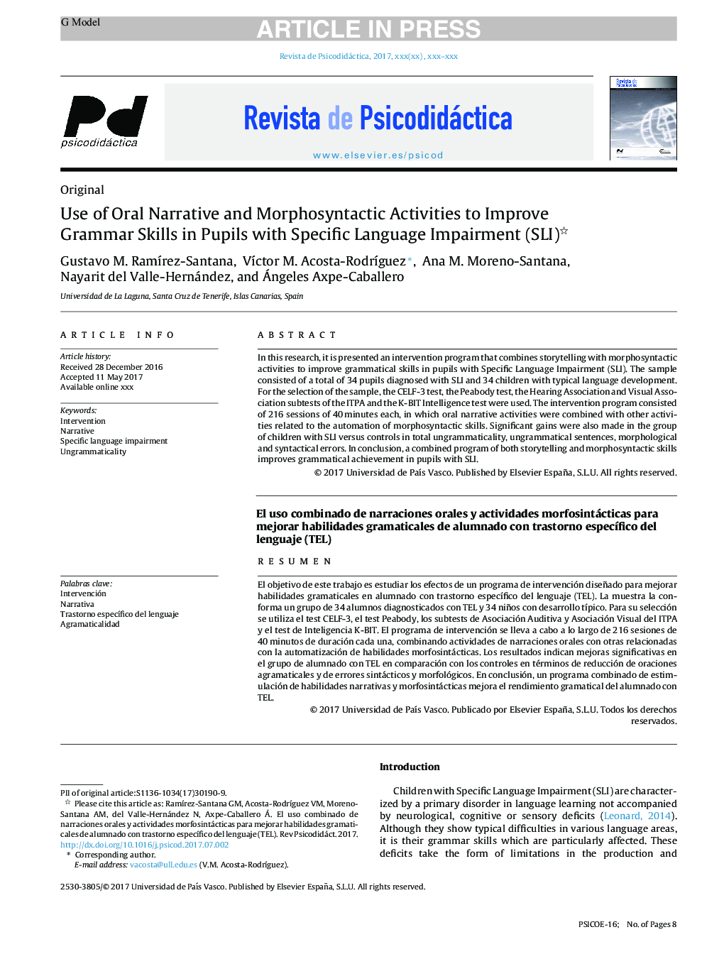 Use of Oral Narrative and Morphosyntactic Activities to Improve Grammar Skills in Pupils with Specific Language Impairment (SLI)