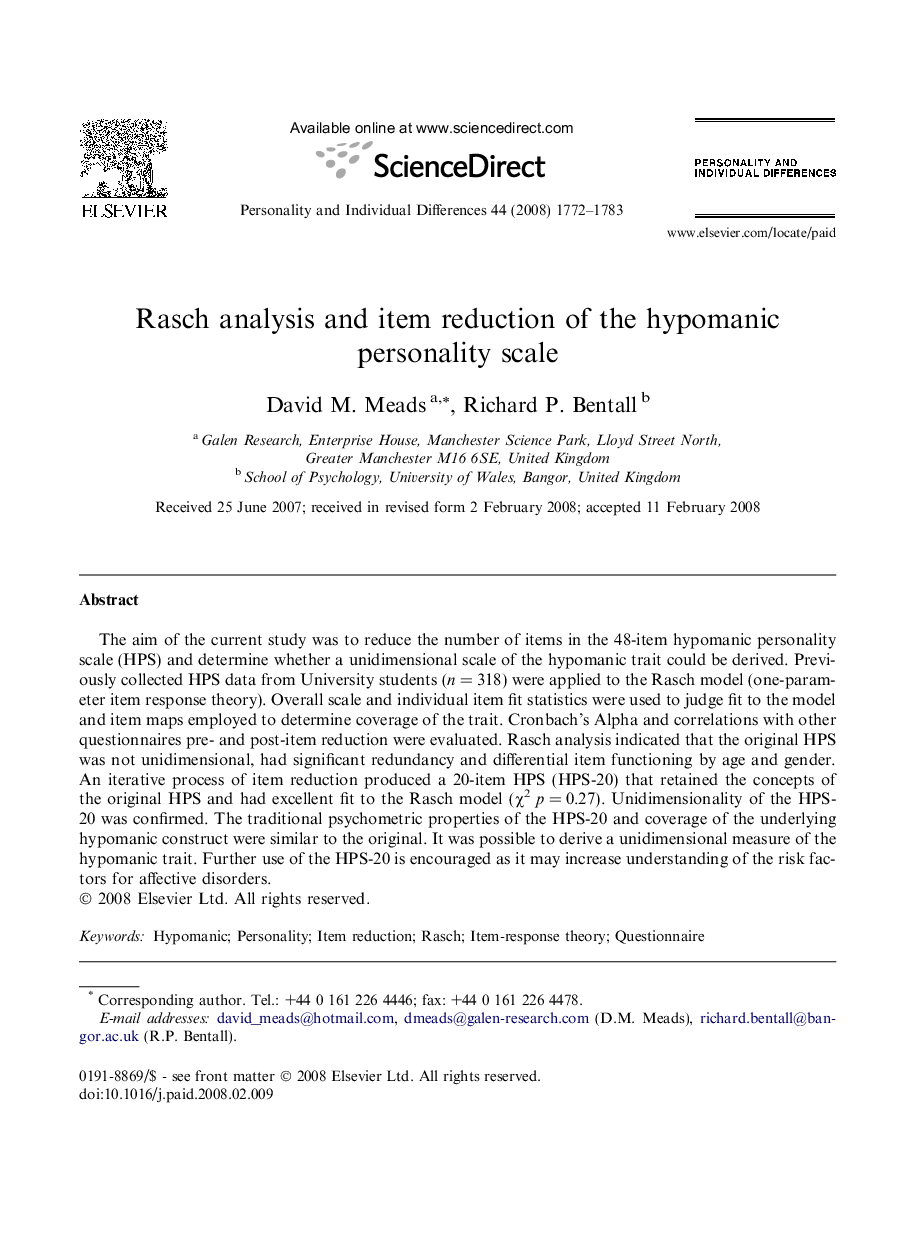Rasch analysis and item reduction of the hypomanic personality scale