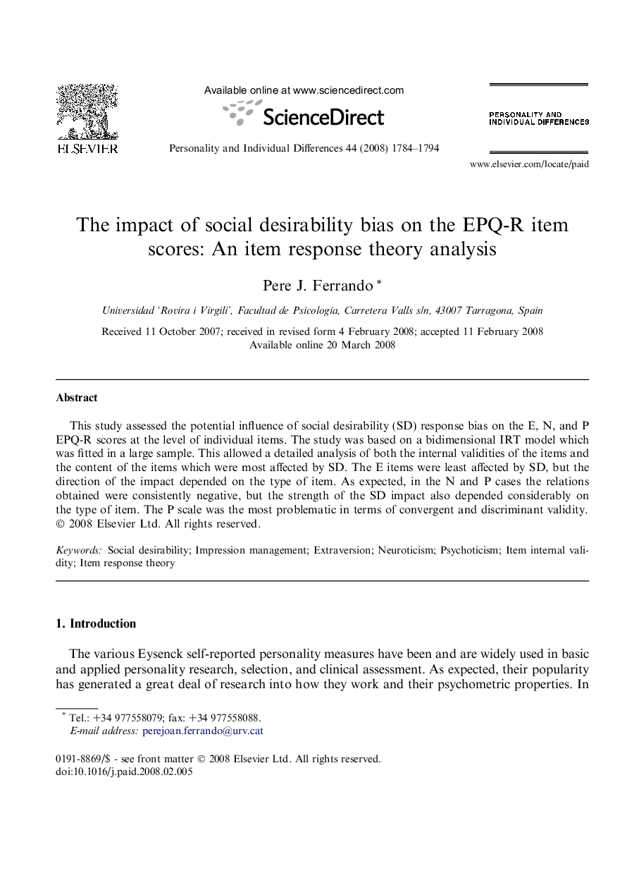 The impact of social desirability bias on the EPQ-R item scores: An item response theory analysis