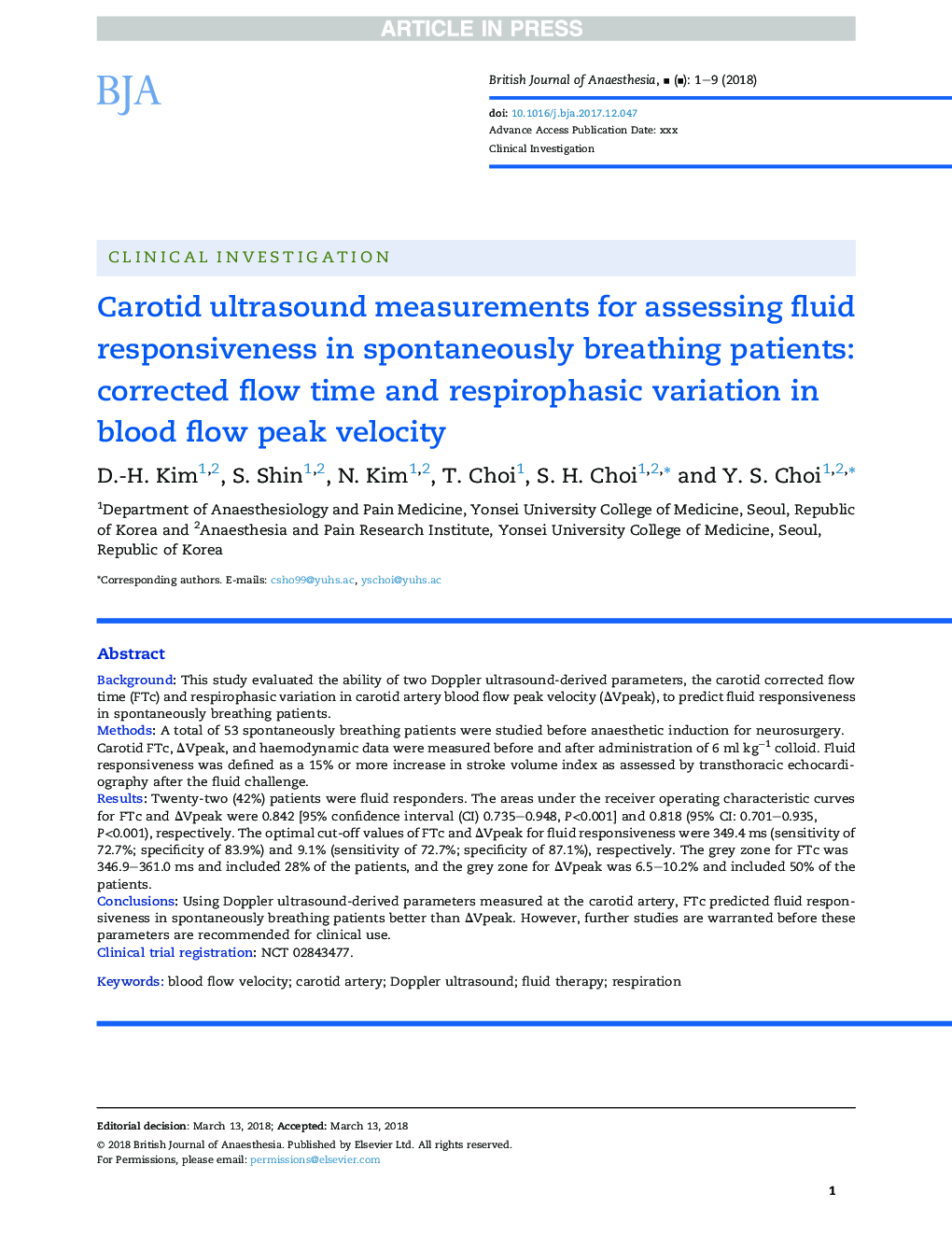 Carotid ultrasound measurements for assessing fluid responsiveness in spontaneously breathing patients: corrected flow time and respirophasic variation in blood flow peak velocity