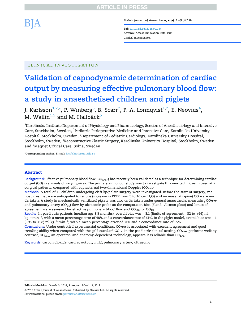 Validation of capnodynamic determination of cardiac output by measuring effective pulmonary blood flow: a study in anaesthetised children and piglets