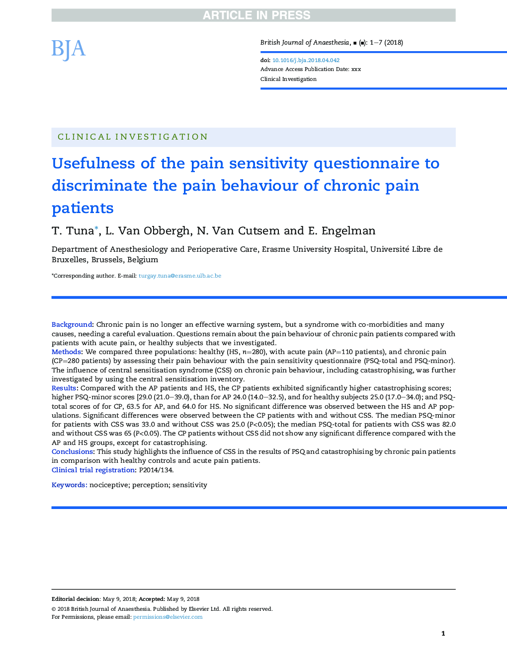 Usefulness of the pain sensitivity questionnaire to discriminate the pain behaviour of chronic pain patients