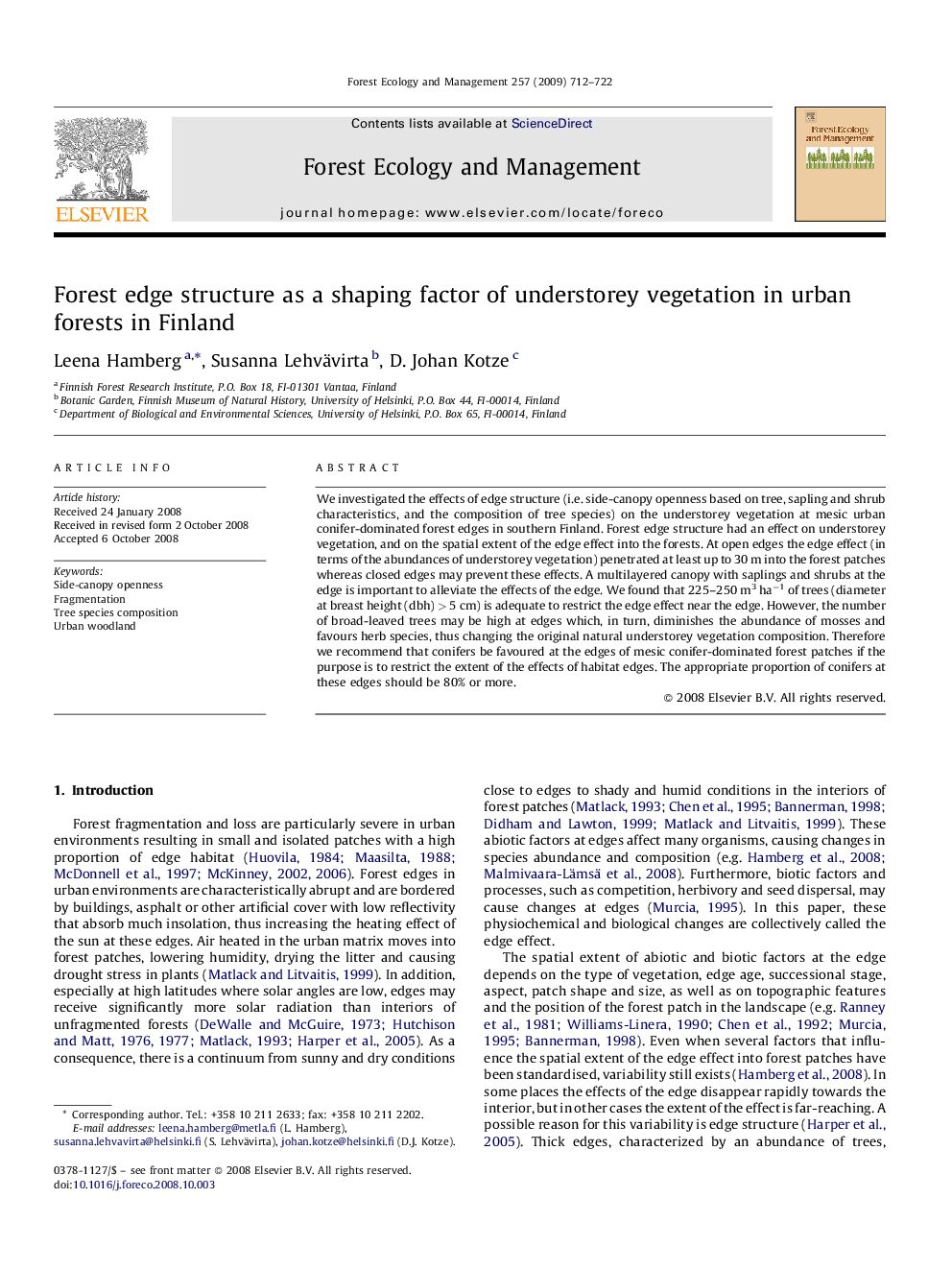 Forest edge structure as a shaping factor of understorey vegetation in urban forests in Finland