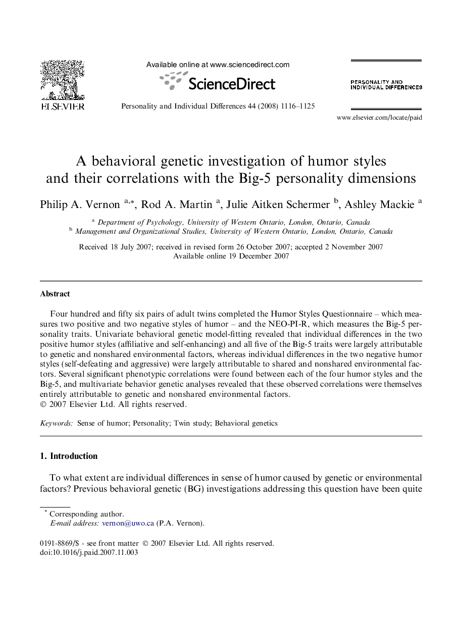 A behavioral genetic investigation of humor styles and their correlations with the Big-5 personality dimensions