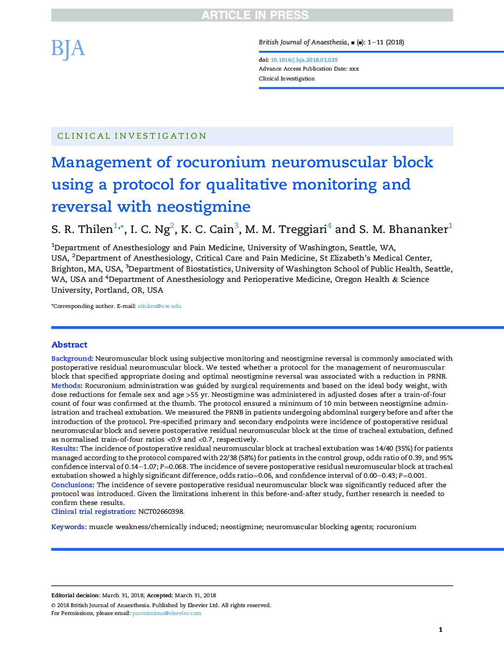 Management of rocuronium neuromuscular block using a protocol for qualitative monitoring and reversal with neostigmine