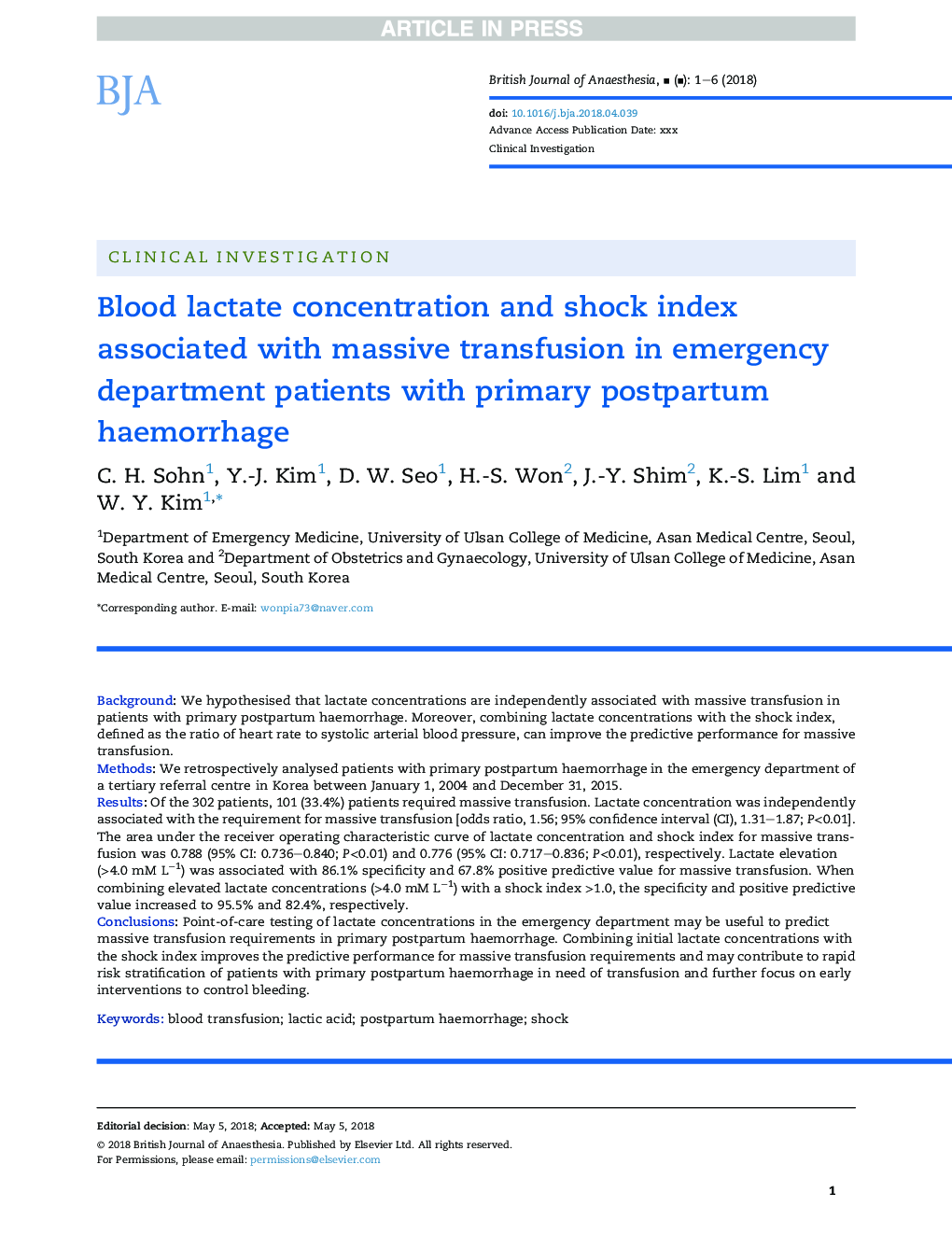 غلظت لاکتات خون و شاخص شوک مرتبط با انتقال خون عظیم در بیماران بخش اورژانس با خونریزی اولیه پس از زایمان