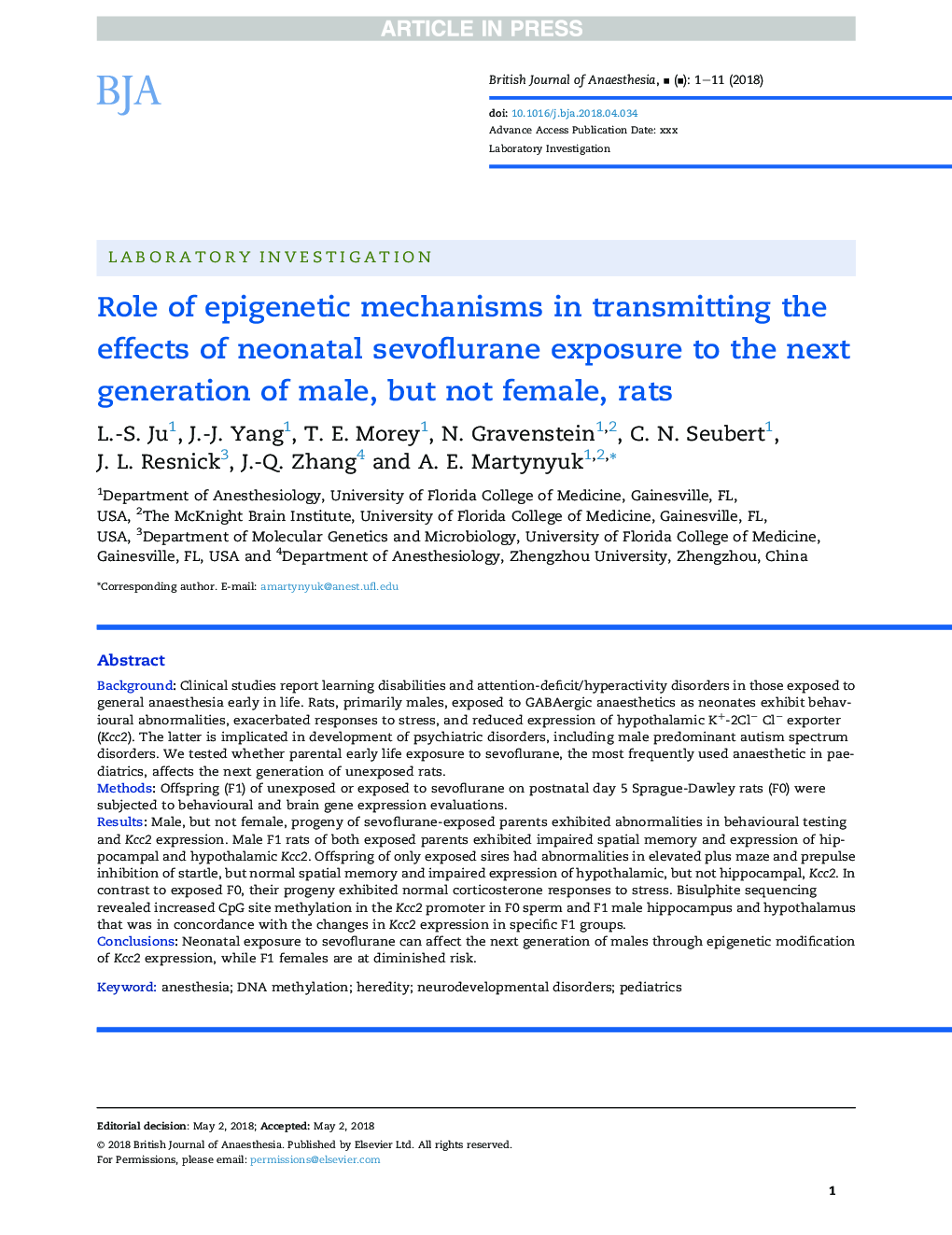 Role of epigenetic mechanisms in transmitting the effects of neonatal sevoflurane exposure to the next generation of male, but not female, rats