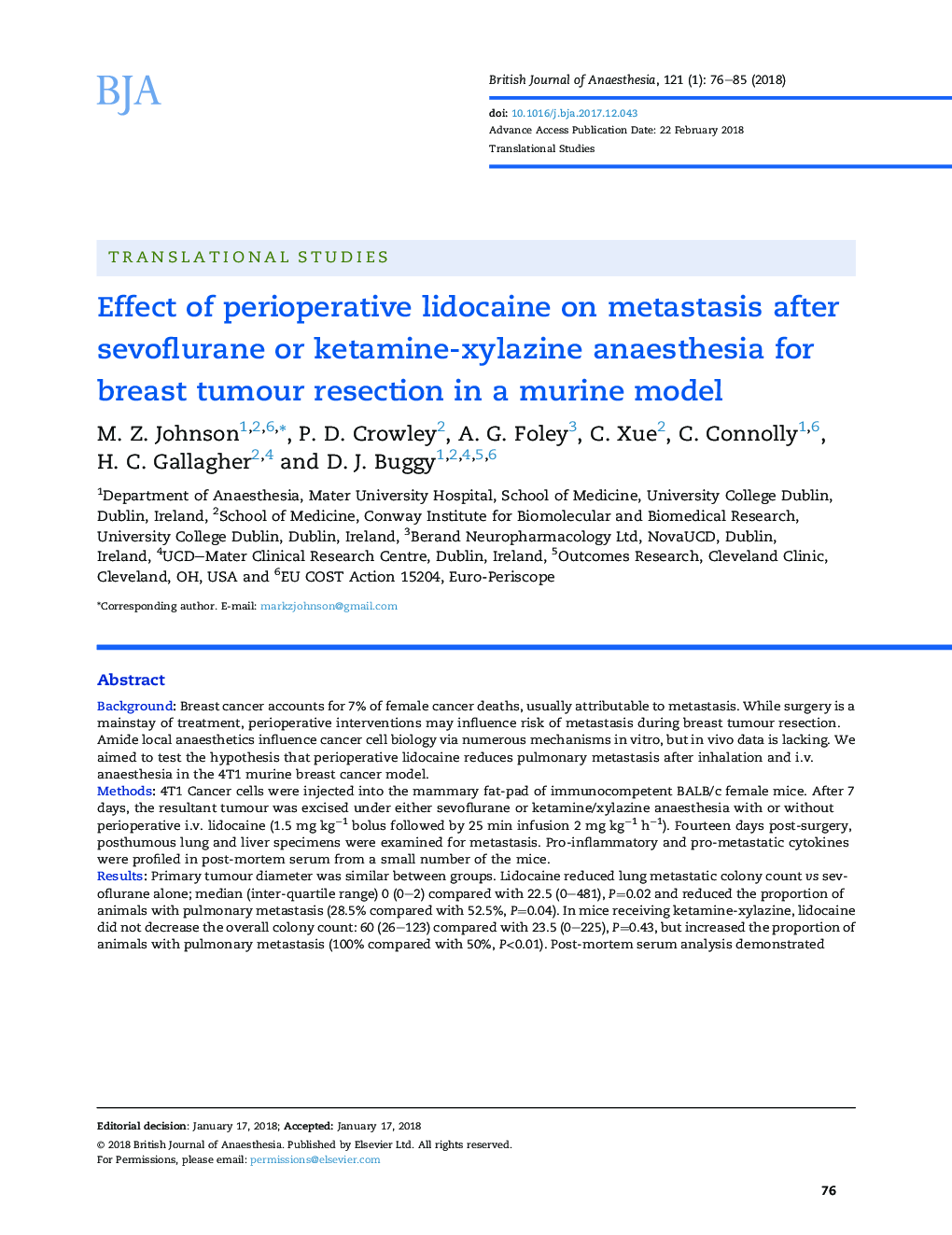 Effect of perioperative lidocaine on metastasis after sevoflurane or ketamine-xylazine anaesthesia for breast tumour resection in a murine model