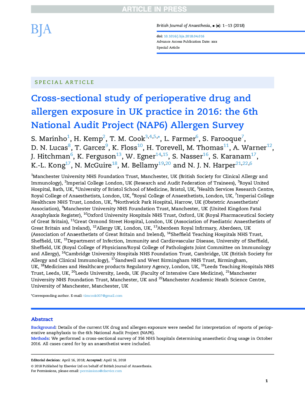 Cross-sectional study of perioperative drug and allergen exposure in UK practice in 2016: the 6th National Audit Project (NAP6) Allergen Survey