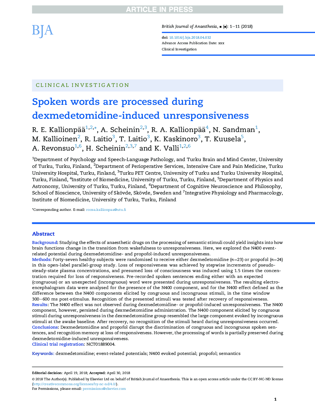 Spoken words are processed during dexmedetomidine-induced unresponsiveness