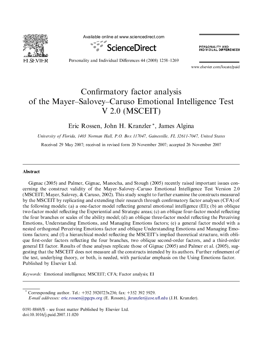 عکس صفحه اول مقاله: Confirmatory factor analysis of the Mayer–Salovey–Caruso Emotional Intelligence Test V 2.0 (MSCEIT) Confirmatory factor analysis of the Mayer–Salovey–Caruso Emotional Intelligence Test V 2.0 (MSCEIT)