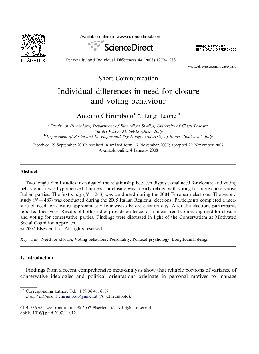 Individual differences in need for closure and voting behaviour