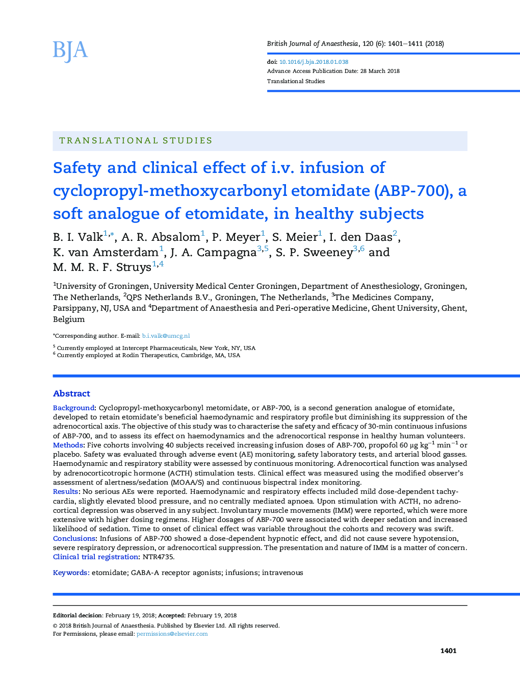 Safety and clinical effect of i.v. infusion of cyclopropyl-methoxycarbonyl etomidate (ABP-700), a soft analogue of etomidate, in healthy subjects