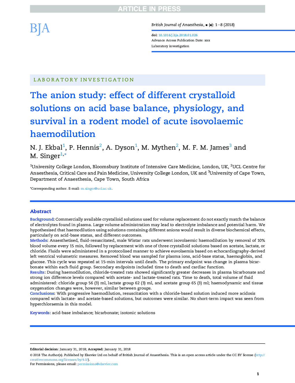 The anion study: effect of different crystalloid solutions on acid base balance, physiology, and survival in a rodent model of acute isovolaemic haemodilution