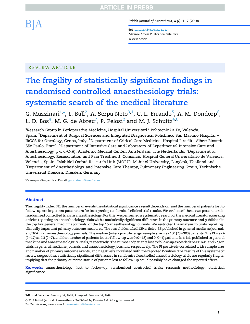 The fragility of statistically significant findings in randomised controlled anaesthesiology trials: systematic review of the medical literature