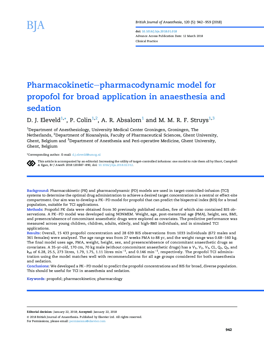 Pharmacokinetic-pharmacodynamic model for propofol for broad application in anaesthesia and sedation