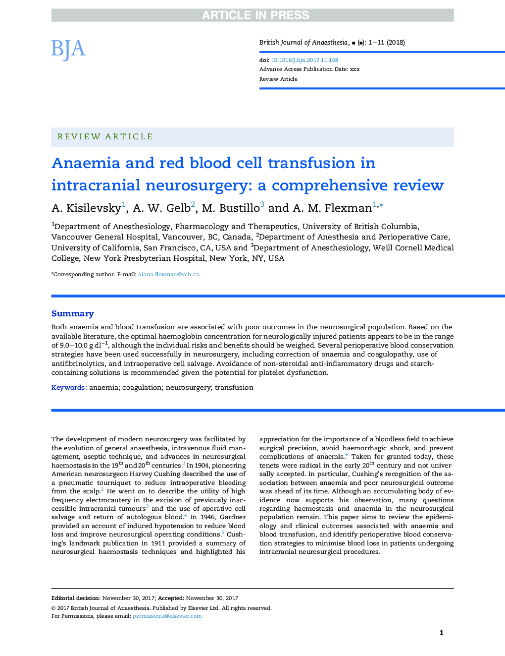 Anaemia and red blood cell transfusion in intracranial neurosurgery: a comprehensive review