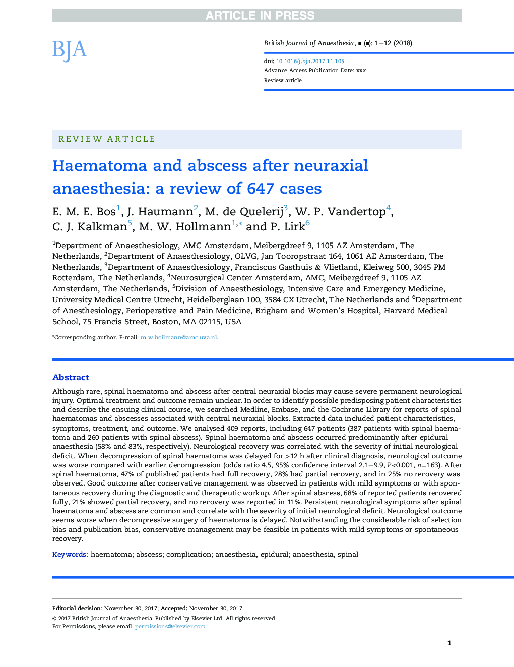 Haematoma and abscess after neuraxial anaesthesia: a review of 647 cases