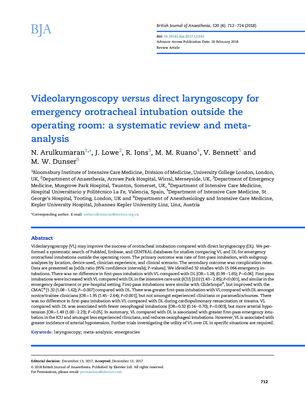 Videolaryngoscopy versus direct laryngoscopy for emergency orotracheal intubation outside the operating room: a systematic review and meta-analysis